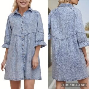 New NWT Cotton Denim Shirt Button Down Dress Light Blue Mini Long Puff Sleeve